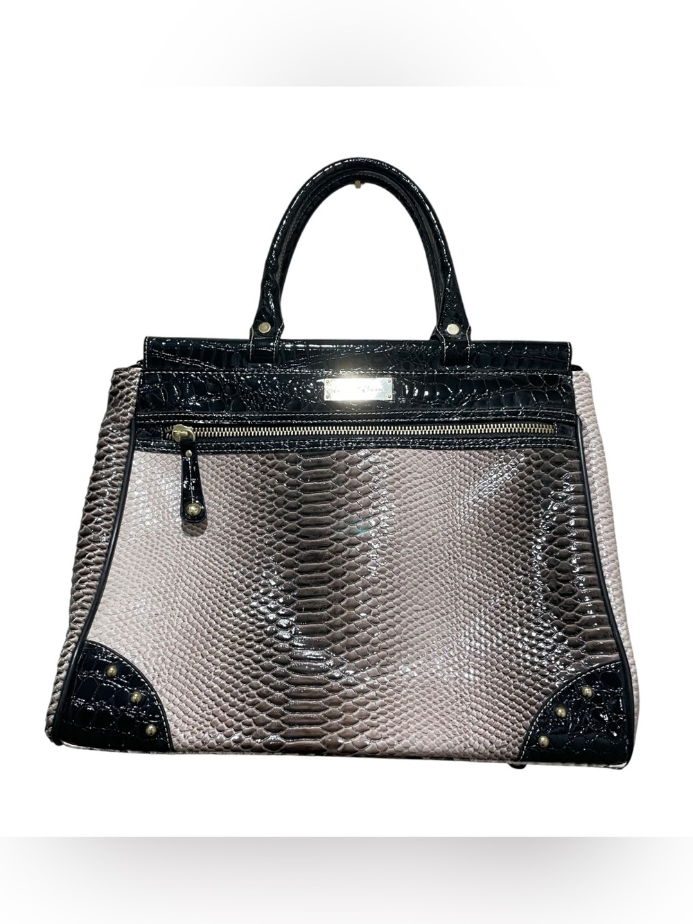 Samantha Brown Faux Snake Embossed Satchel Shoulder Bag Black Taupe Travel Tote